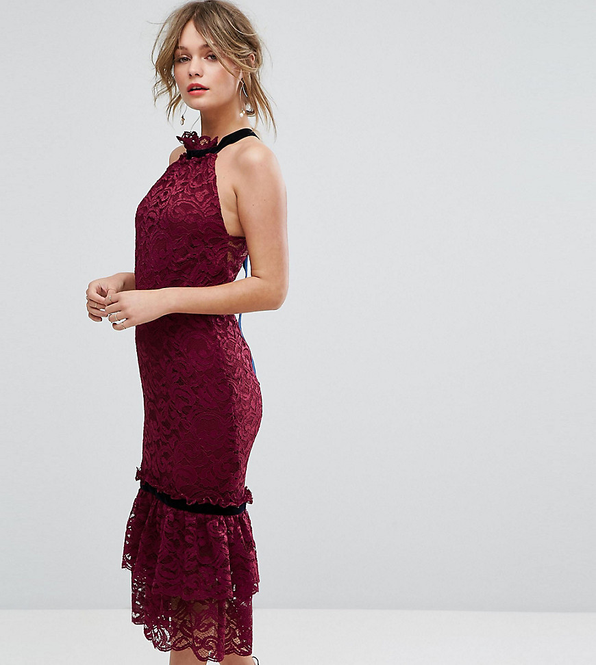Hope & Ivy Lace Dress With High Neck And Ruffle Hem Detail