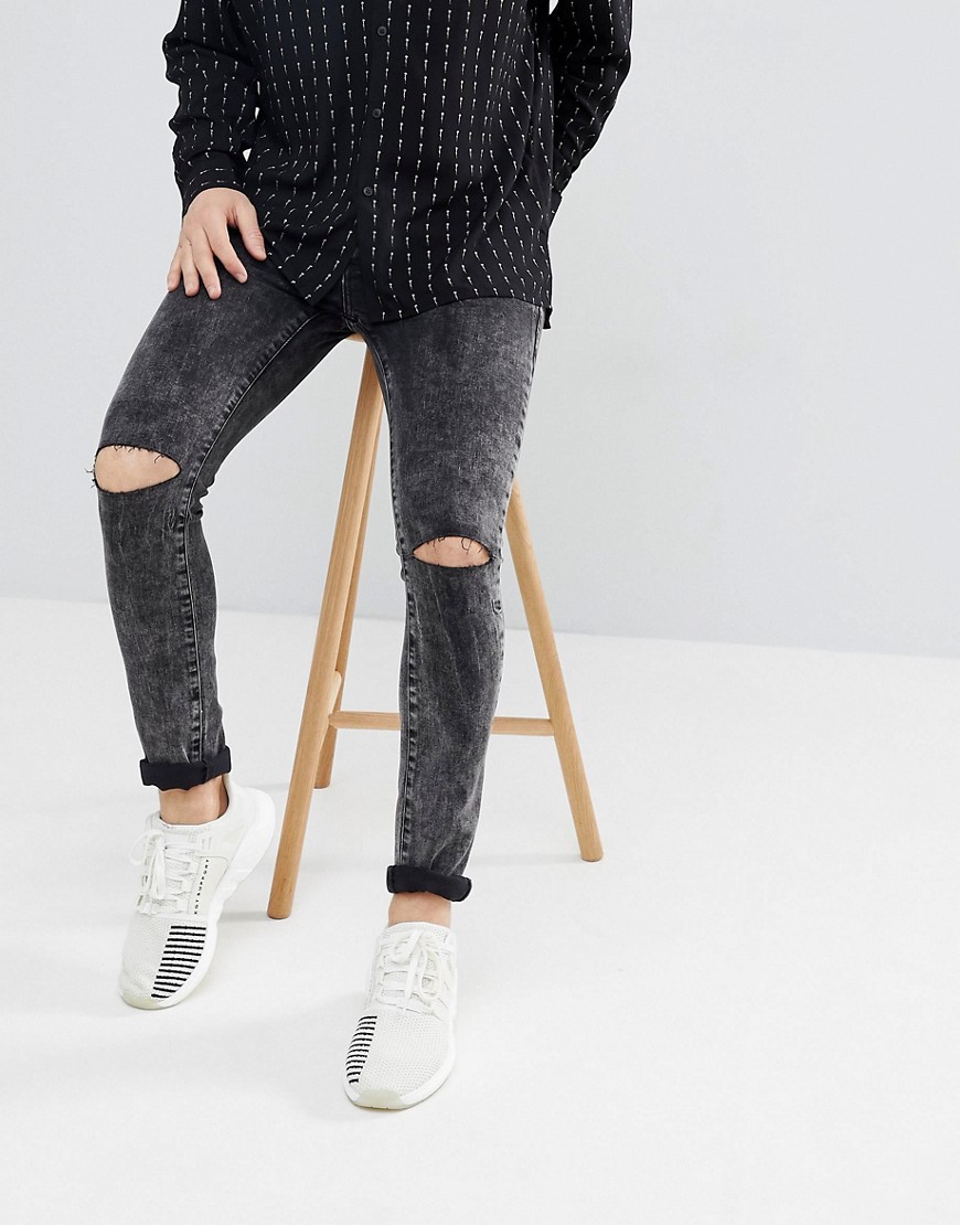 Mennace Super Skinny Jeans In Black With Knee Rips