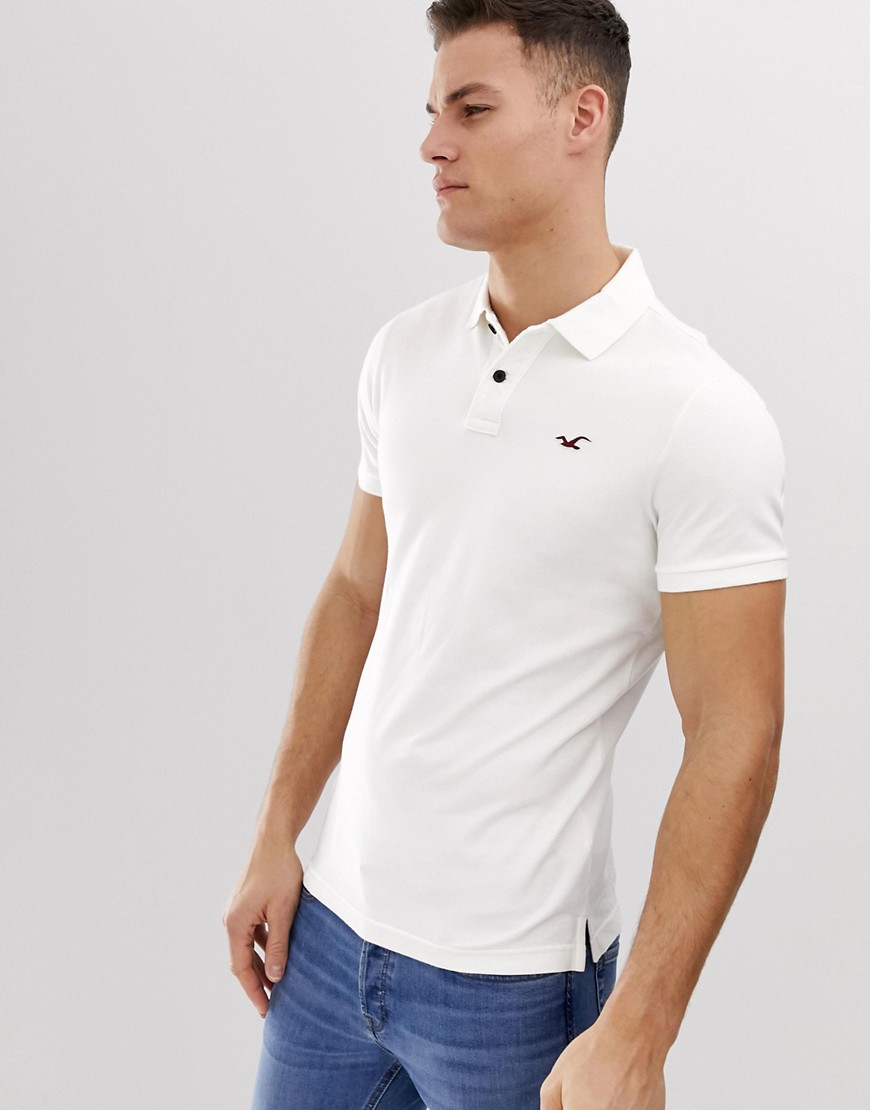 Hollister icon logo modern collar pique polo slim muscle fit in white
