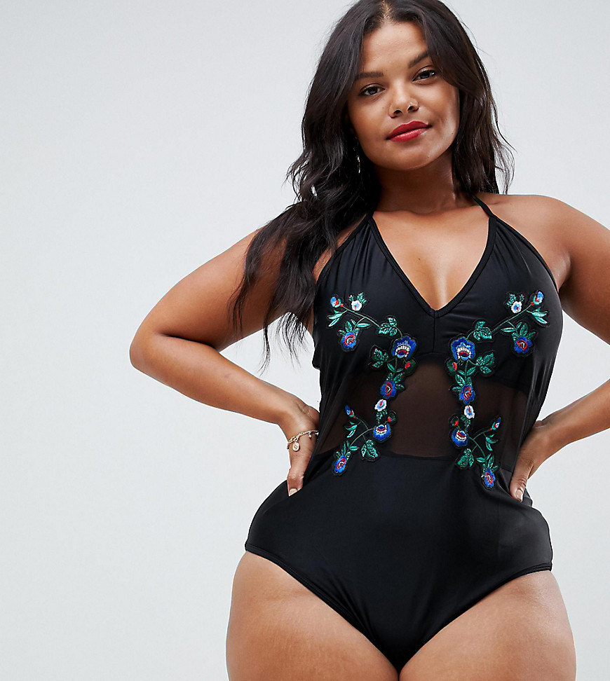 Unique21 Hero mesh swimsuit with embrodered detail