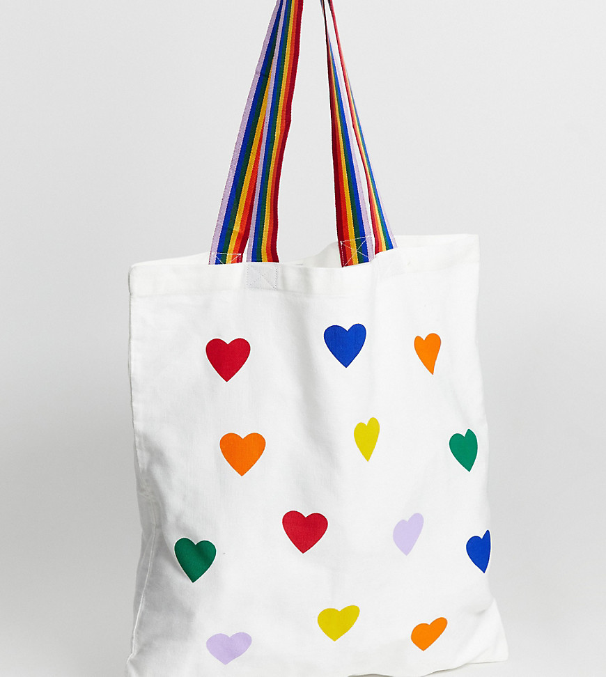 Monki rainbow heart print organic cotton tote bag in off white