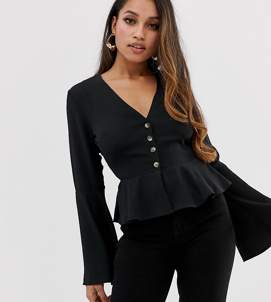 Missguided Petite exclusive petite button through wide sleeve peplum blouse in black