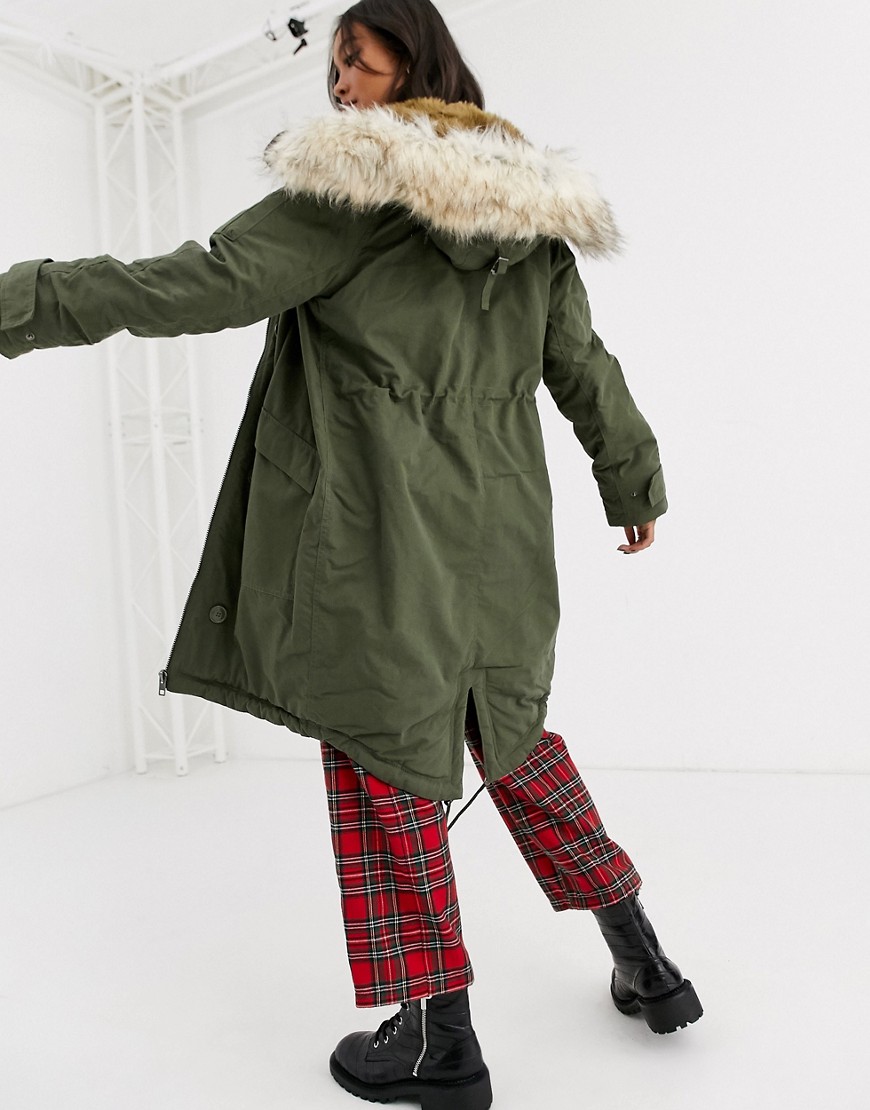Asos Design Luxe Parka With Faux Fur Trim In Khaki-green