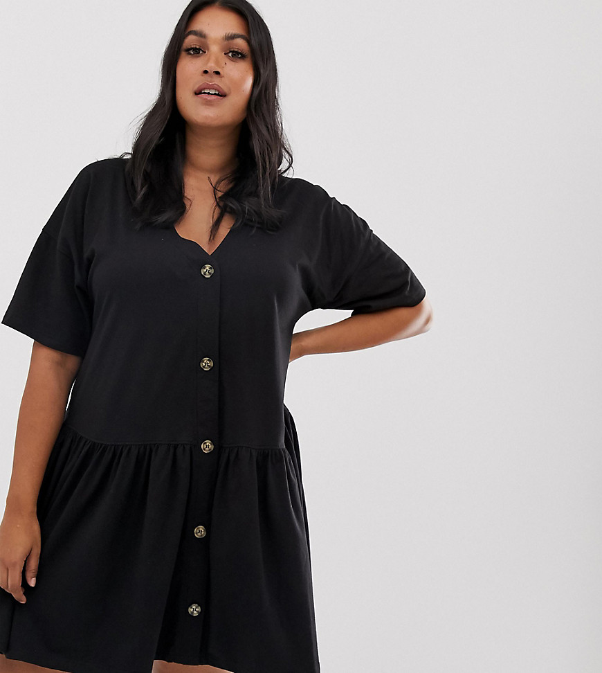 Missguided Plus smock dress with button detail in black