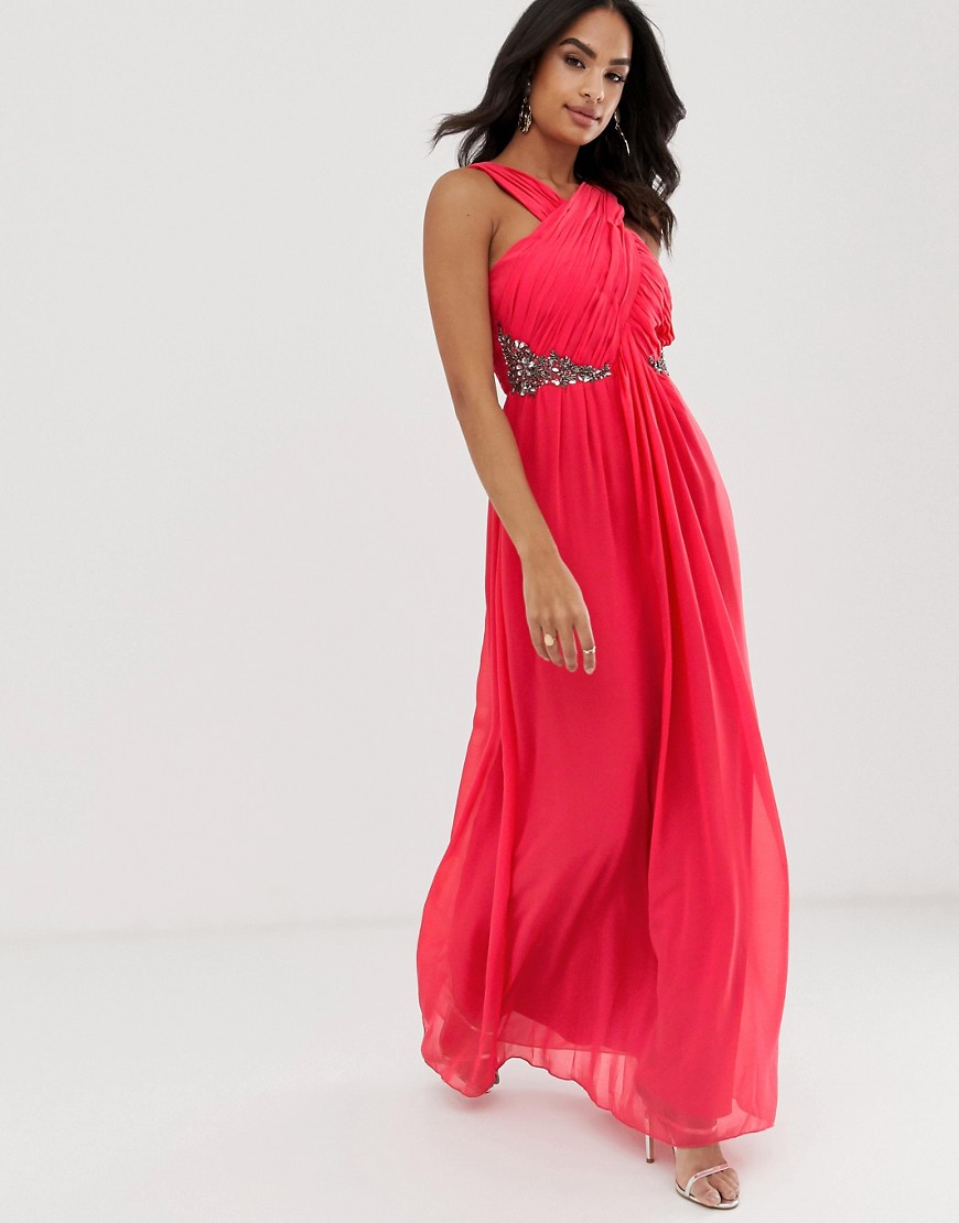 Little Mistress pleated crossover top and embellished chiffon maxi dress