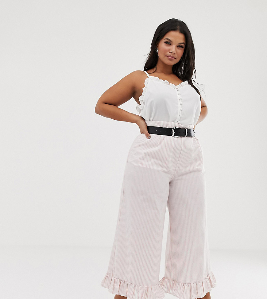 Lost Ink Plus Wide Leg Trousers With Frill Hem In Stripe Co-Ord