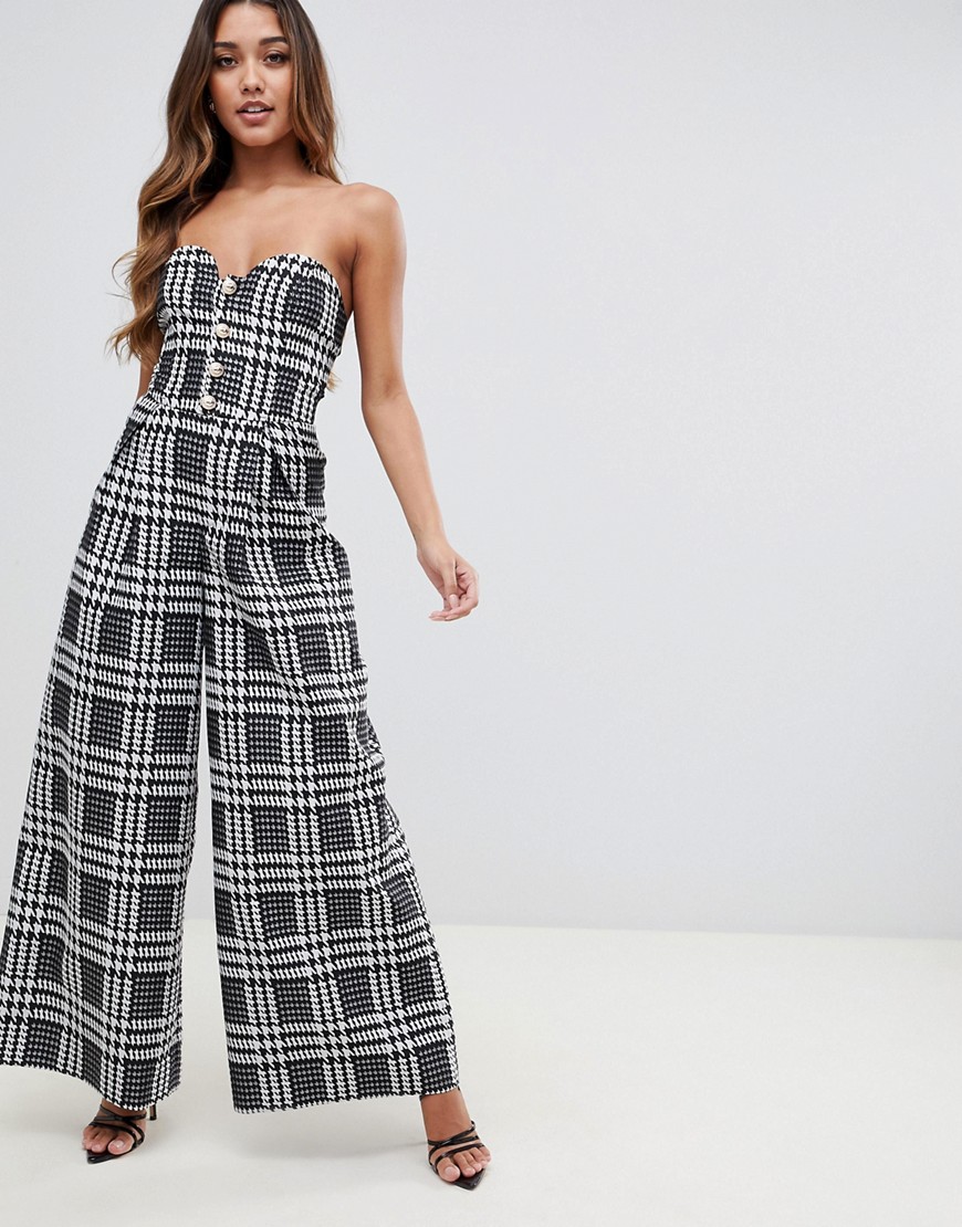 ASOS DESIGN bandeau jumpsuit with wide leg and button detail in dogtooth