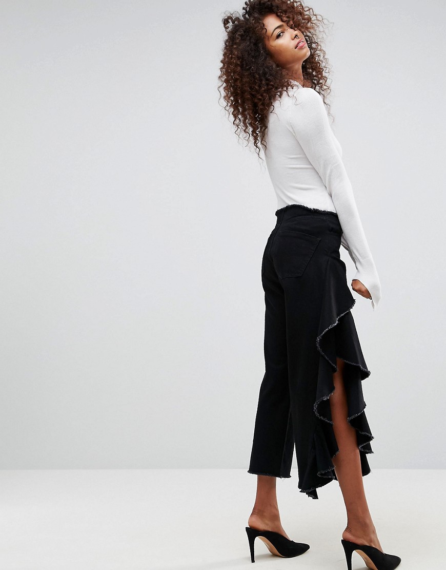 ASOS DESIGN straight leg jean with ruffle side in clean black
