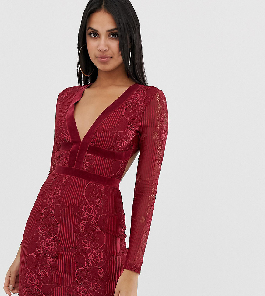 PrettylittleThing lace insert open back bodycon dress in burgundy