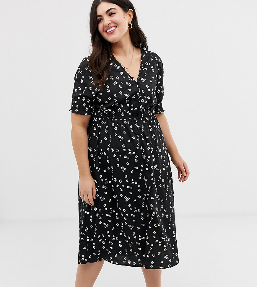 Influence Plus shirred sleeve floral midi dress with button down front in black