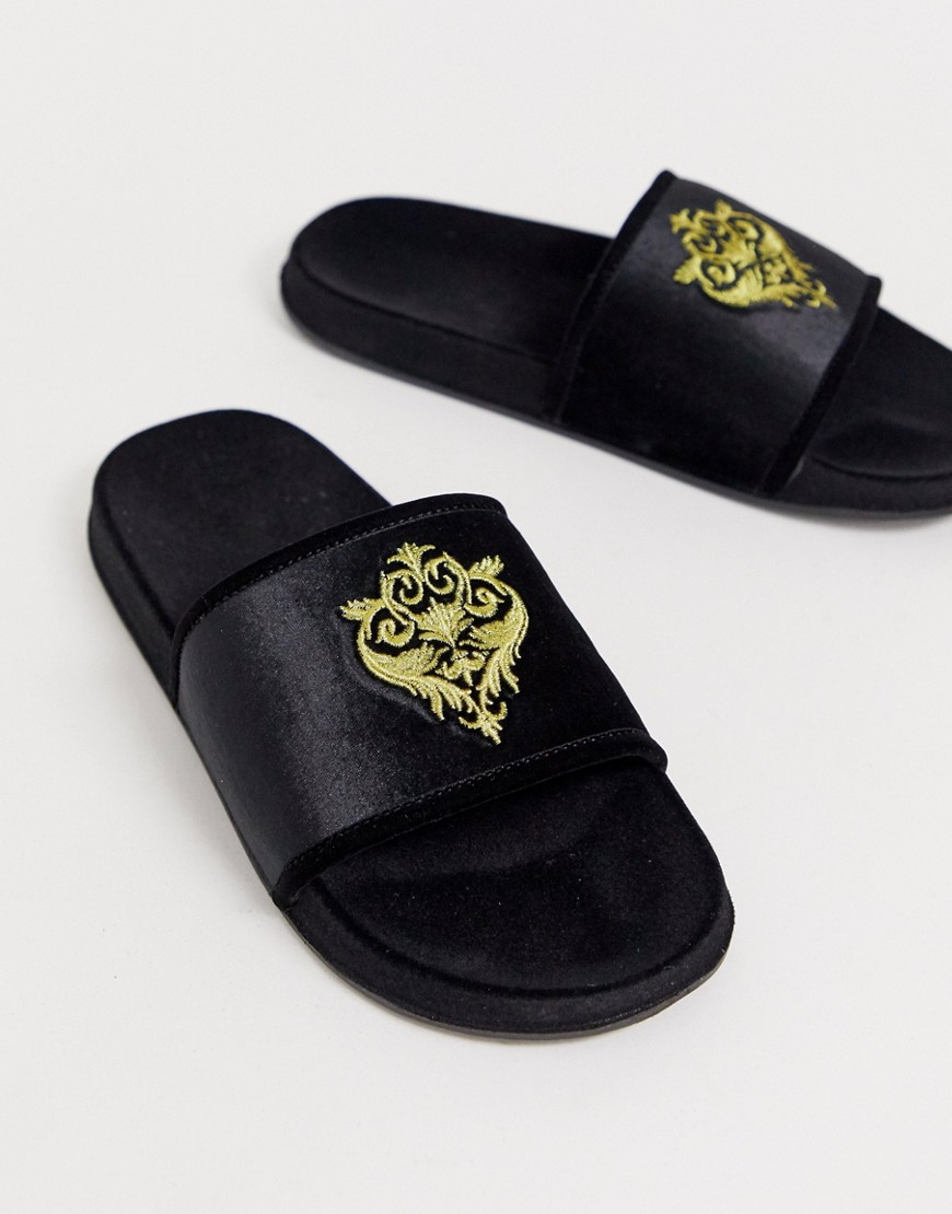 ASOS DESIGN all over velvet sliders with baroque embroidery