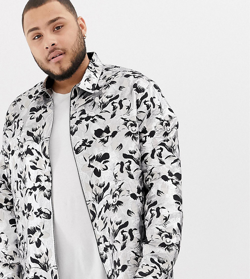 ASOS EDITION Plus silver and black floral jacquard overshirt