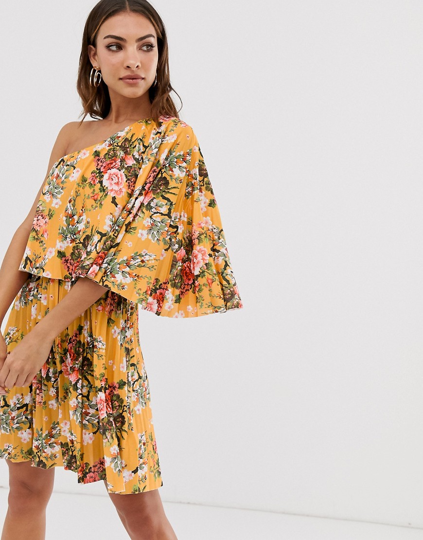 Asos Design One Shoulder Pleated Crop Top Mini Dress In Floral Print-multi