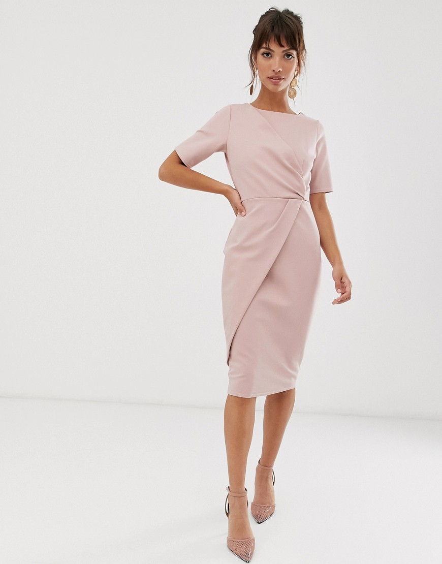 Closet London wrapover ruched pencil dress with asymmetric skirt in mauve