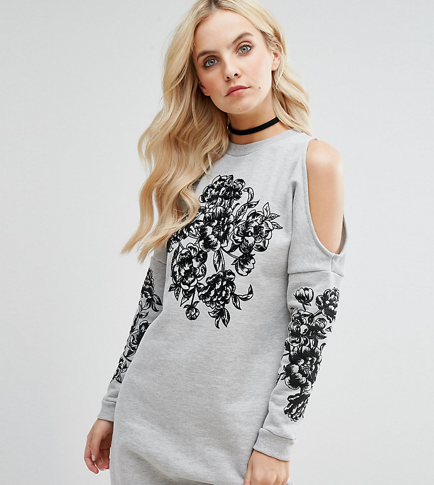 Miss Selfridge Petite Cold Shoulder Embroidered Sweater Dress - Grey