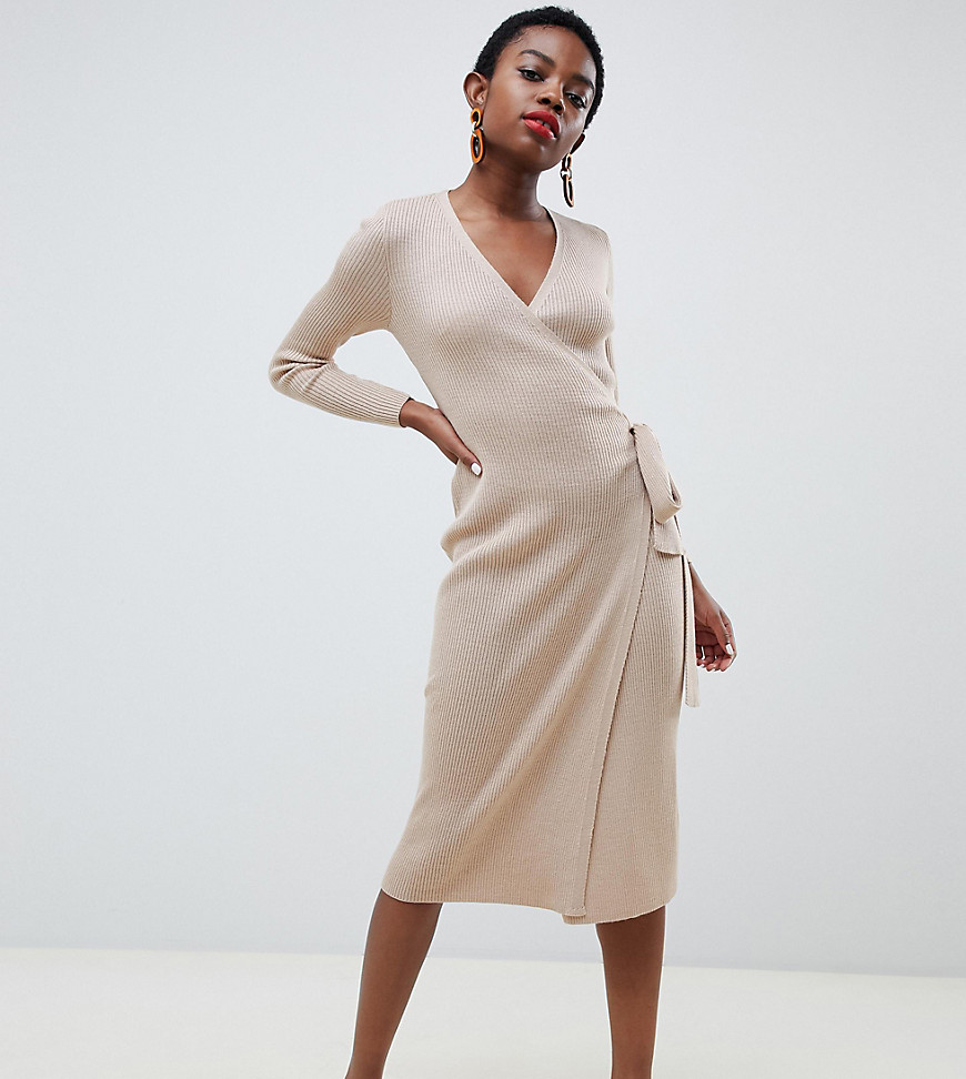 Lost Ink Petite knitted wrap dress With Tie Waist In Fine Rib Knit - Nude