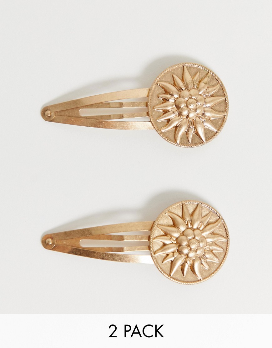 ASOS DESIGN pack of 2 clips with sun design in antique gold tone