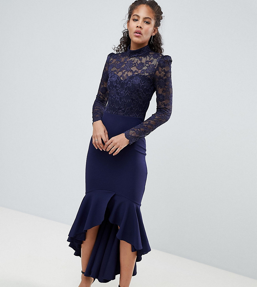 City Goddess Tall Long Sleeve High Neck Fishtail Maxi Dress With Lace Detail