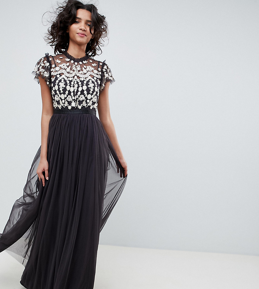 Needle & Thread embroidered bodice tulle maxi dress in graphite