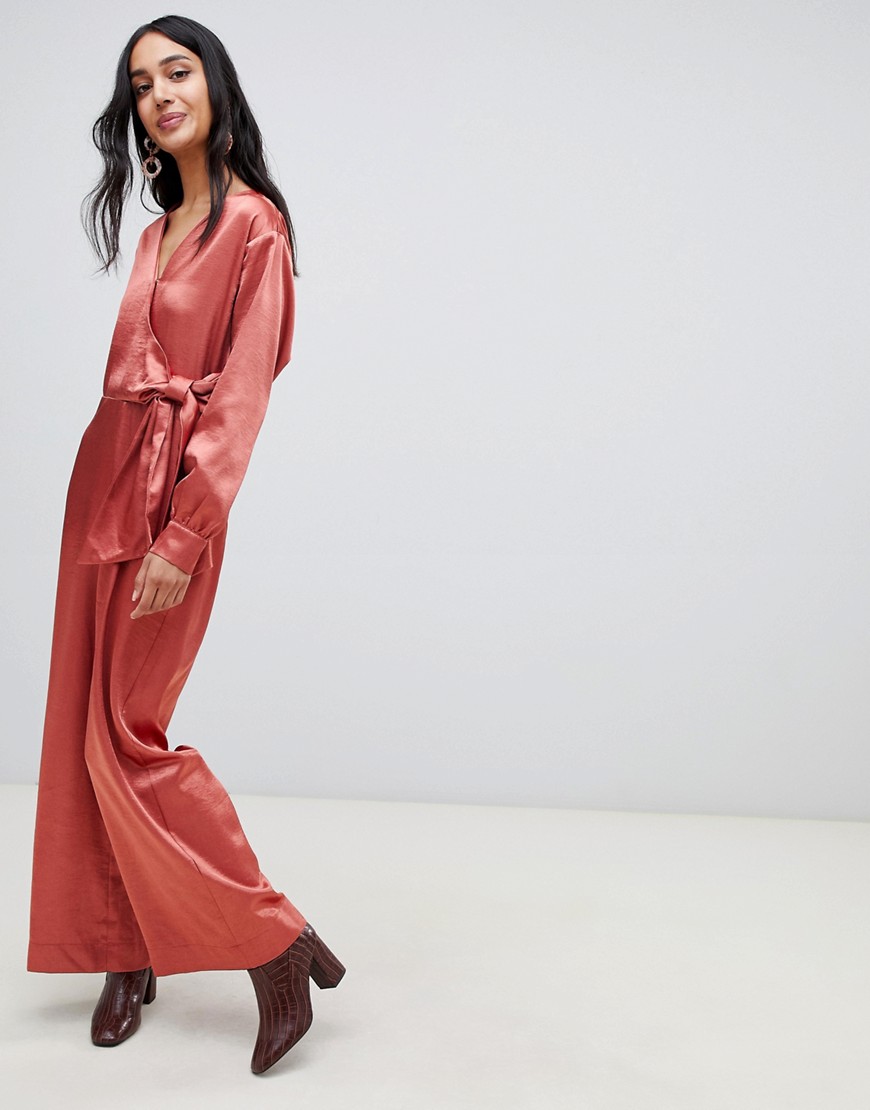 Lost Ink wrap front plunge jumpsuit in satin