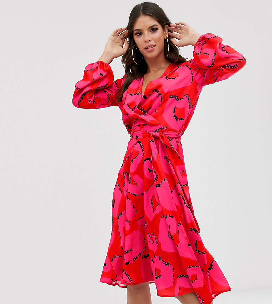 Flounce London Tall satin wrap midi dress in pink spot print