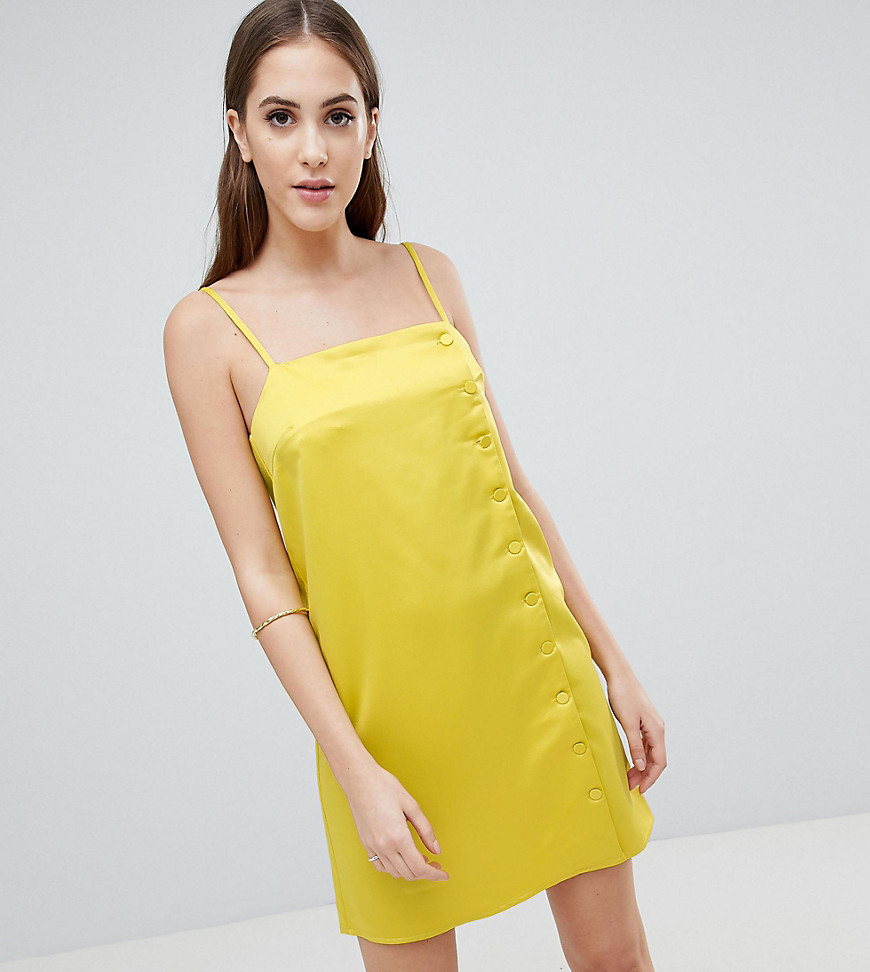 Fashion Union Tall Slip Dress With Button Side In Satin - Chartreuse