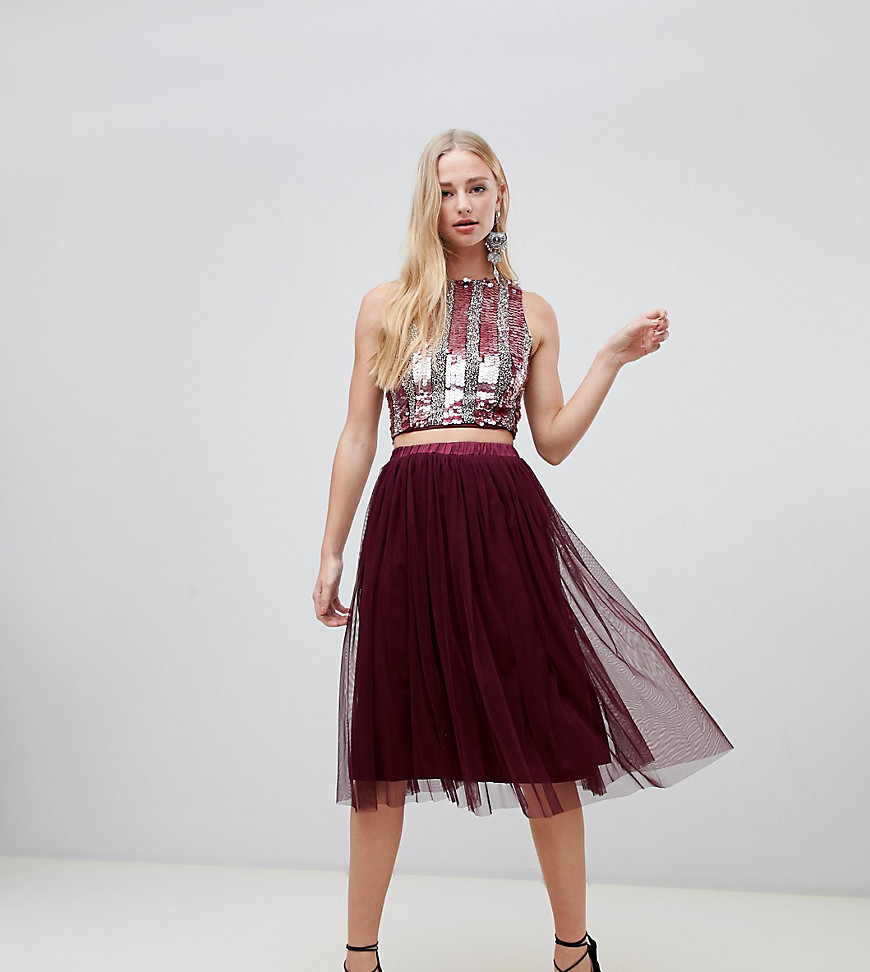 Lace & Beads tulle midi skirt in berry - Berry