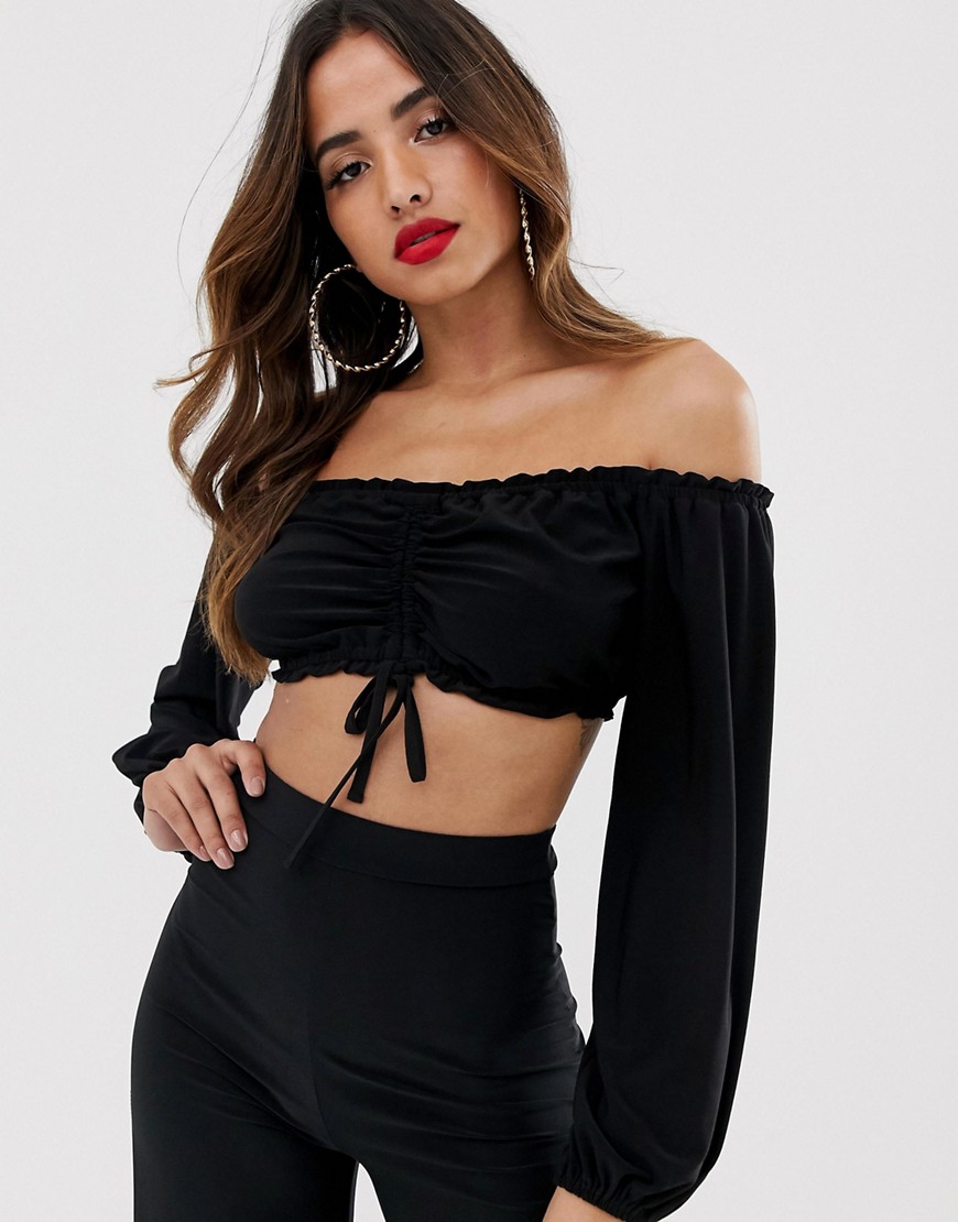 Flounce London bardot crop top with ruched detail in black