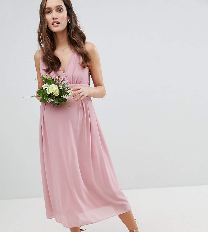 TFNC Maternity Wrap Front Midi Bridesmaid Dress With Tie Back
