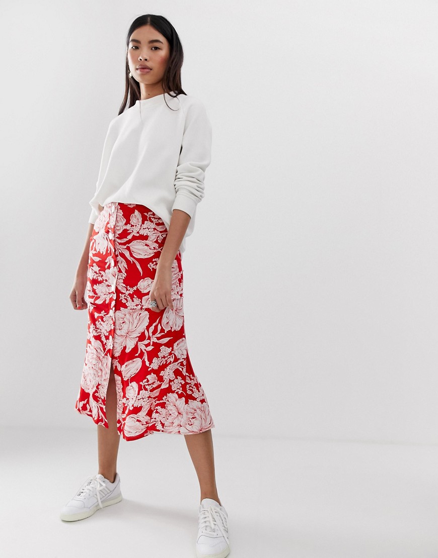 ASOS DESIGN floral button front midi skirt with pleat back