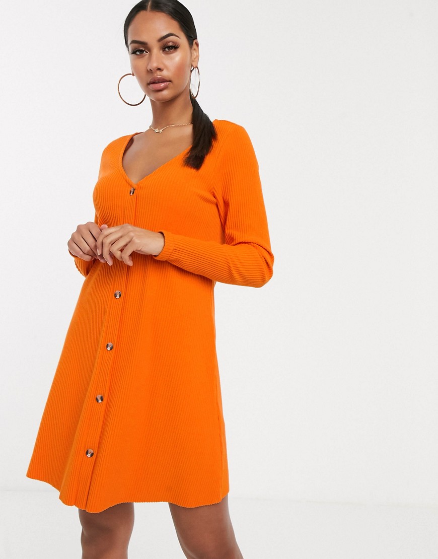 Asos Design Super Soft Rib Button Through Dress In Orange-purple