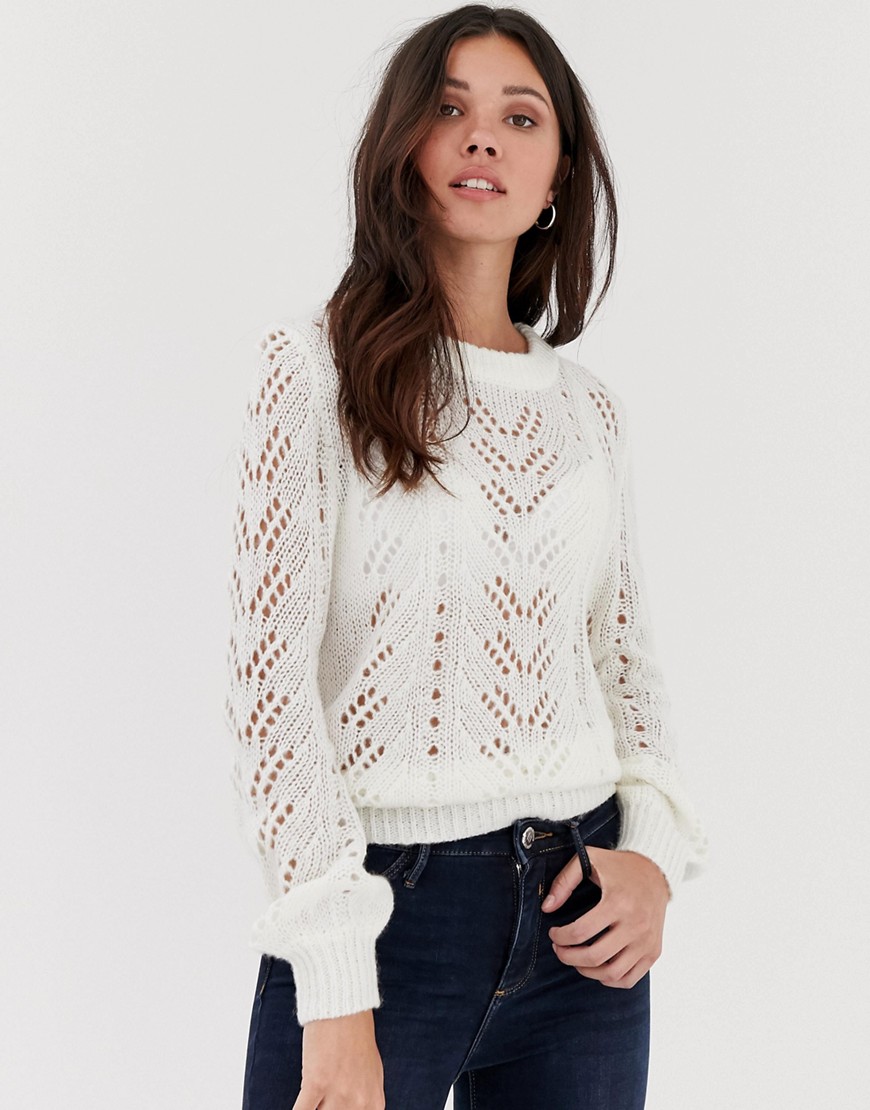 Brave Soul lightweight pointelle jumper with balloon sleeve in oatmeal