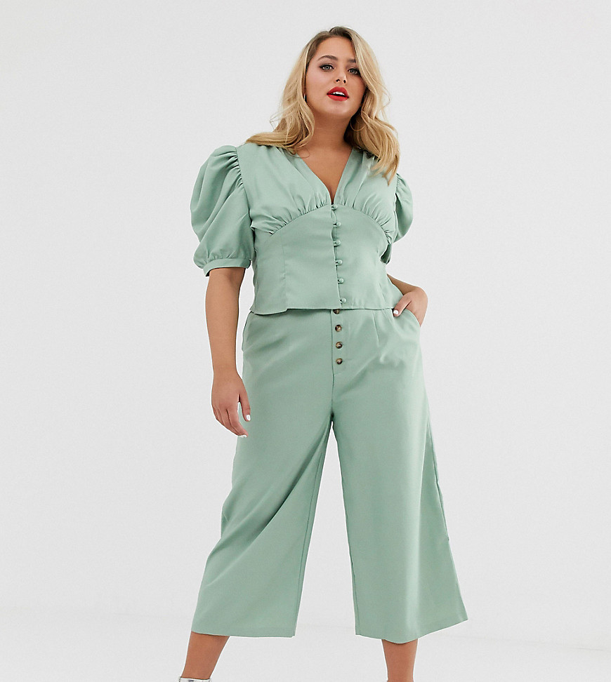 In The Style Plus x Laura Jade button through culotte trousers in green