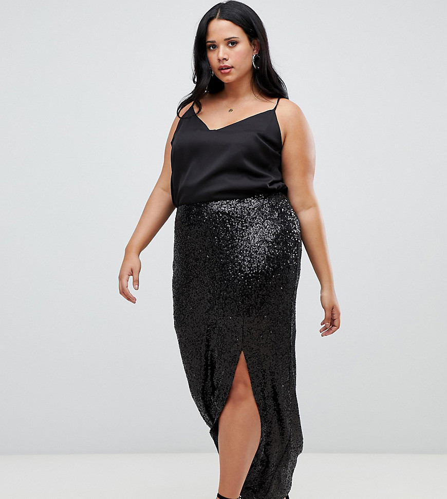 Outrageous Fortune Plus sequin maxi wrap skirt with front split in black