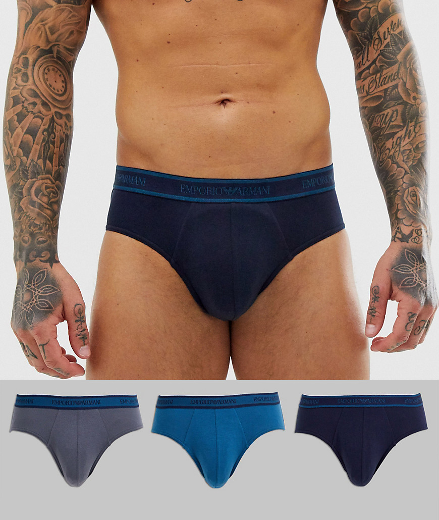 Emporio Armani 3 pack briefs with contrast waistband in grey and blue