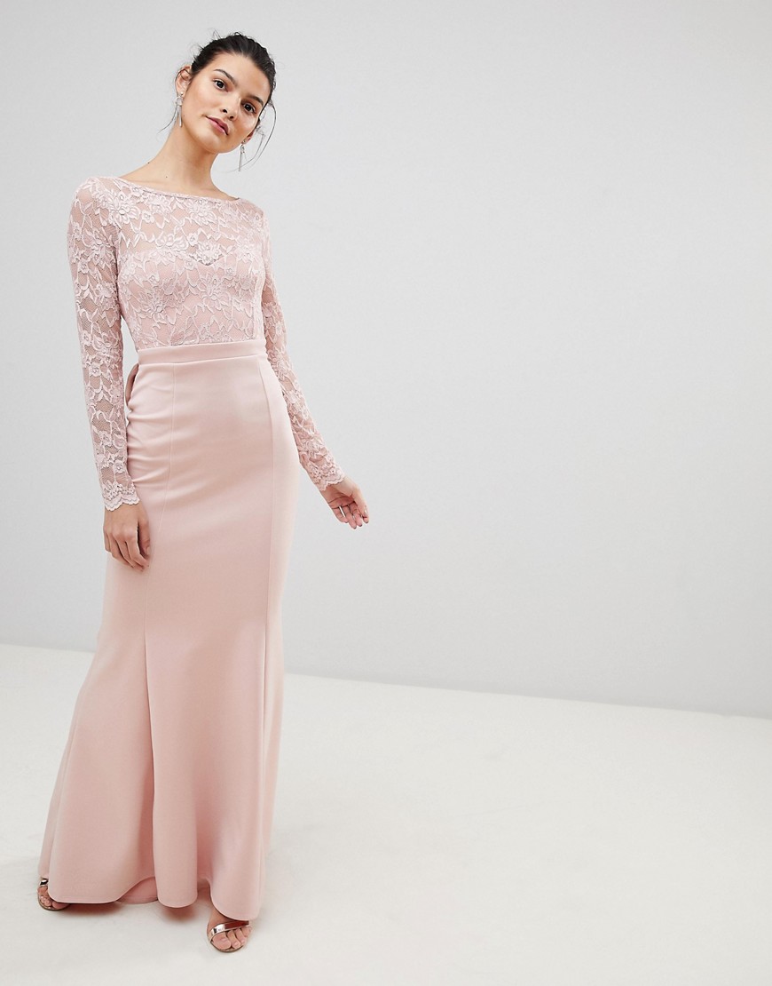 City Goddess Open Back Lace Maxi Dress With Bow Detail - Pale pink