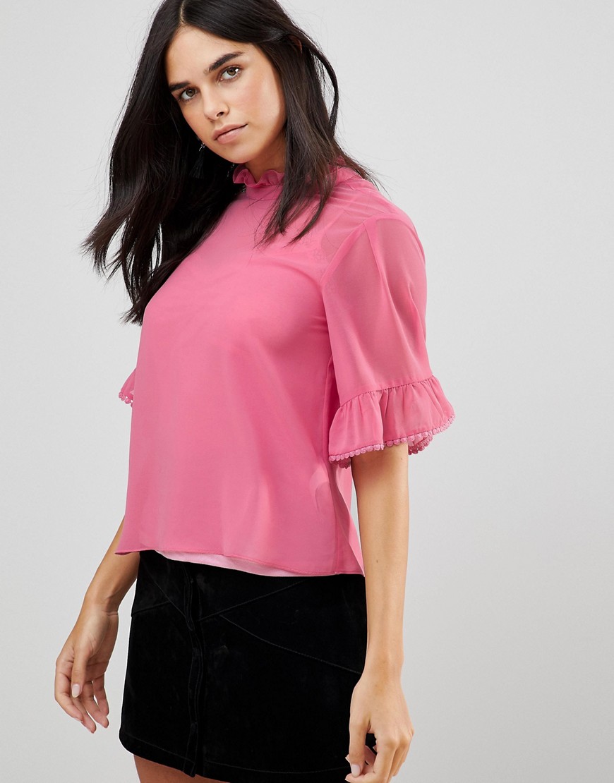 Traffic People 3/4 Sleeve Flute Sleeve Top With Ruffle Detail