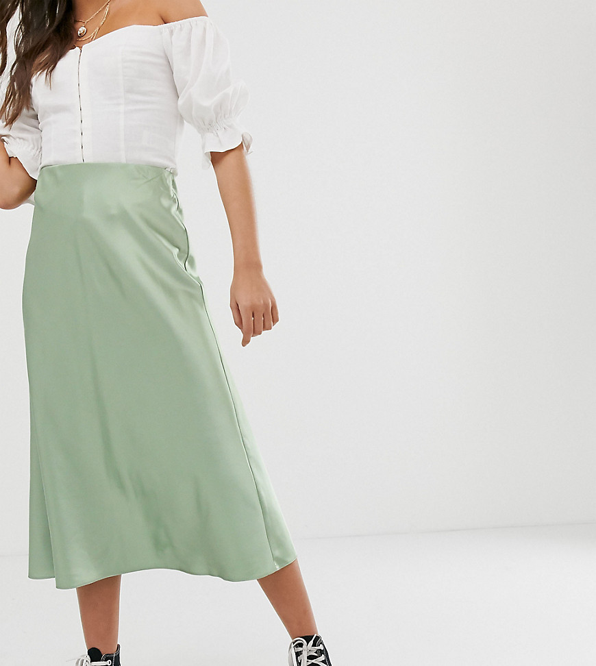 New Look satin bias cut midi skirt in light green
