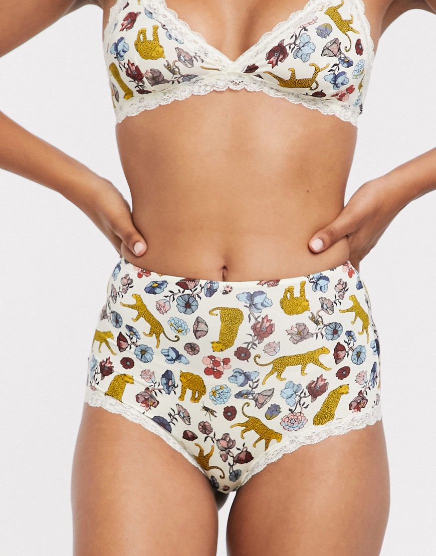 Monki floral and animal print brief in off white