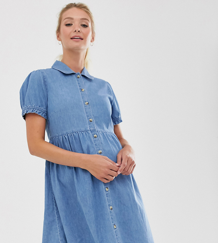 ASOS DESIGN Maternity denim mini shirt dress with collar in blue