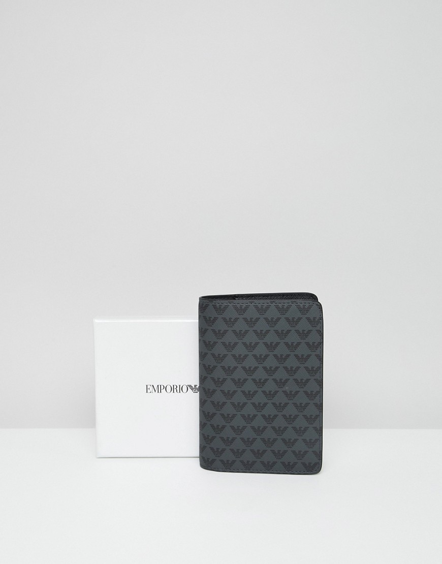 Emporio Armani all over logo passport wallet in black - Black