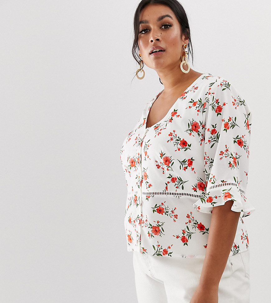 Fashion Union Plus button front top with ladder detail in ditsy floral