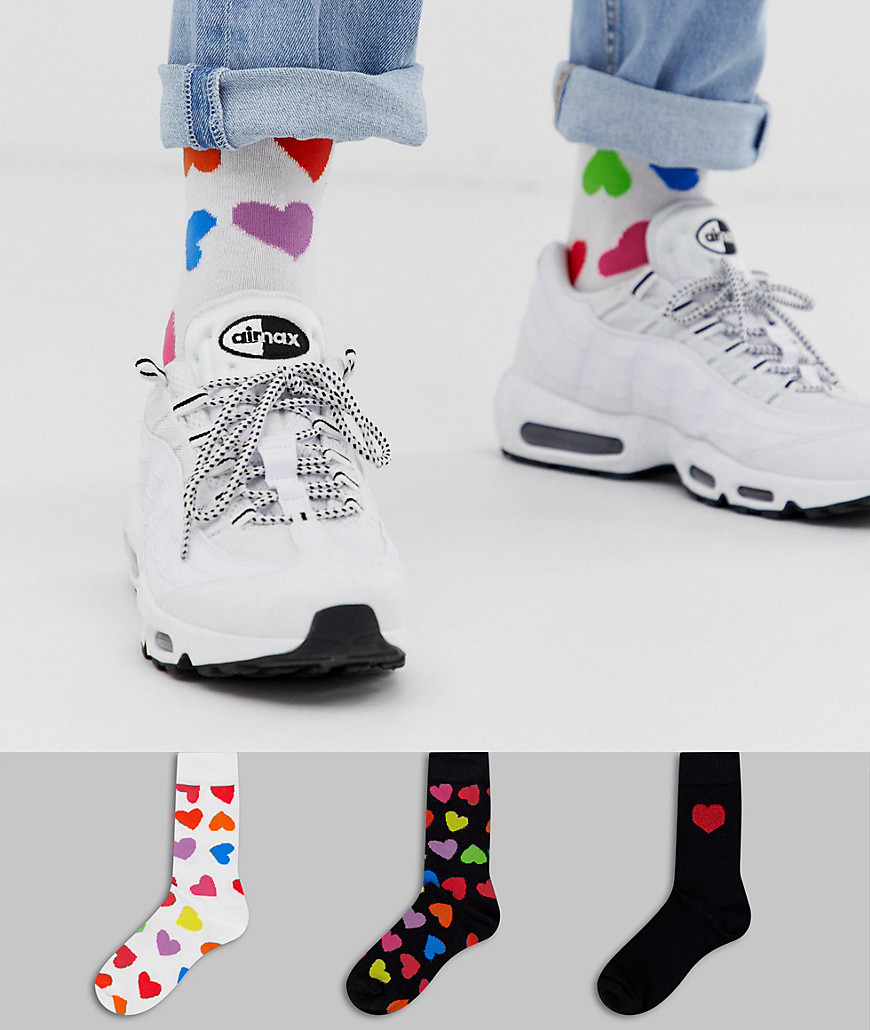 ASOS DESIGN ankle socks with all over multi coloured hearts 3 pack multipack saving