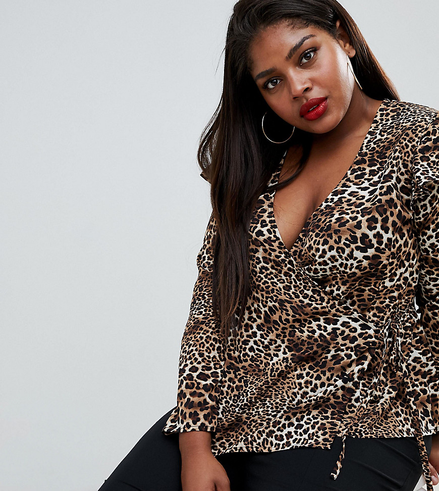 Fashion Union plus wrap top in leopard - Leopard