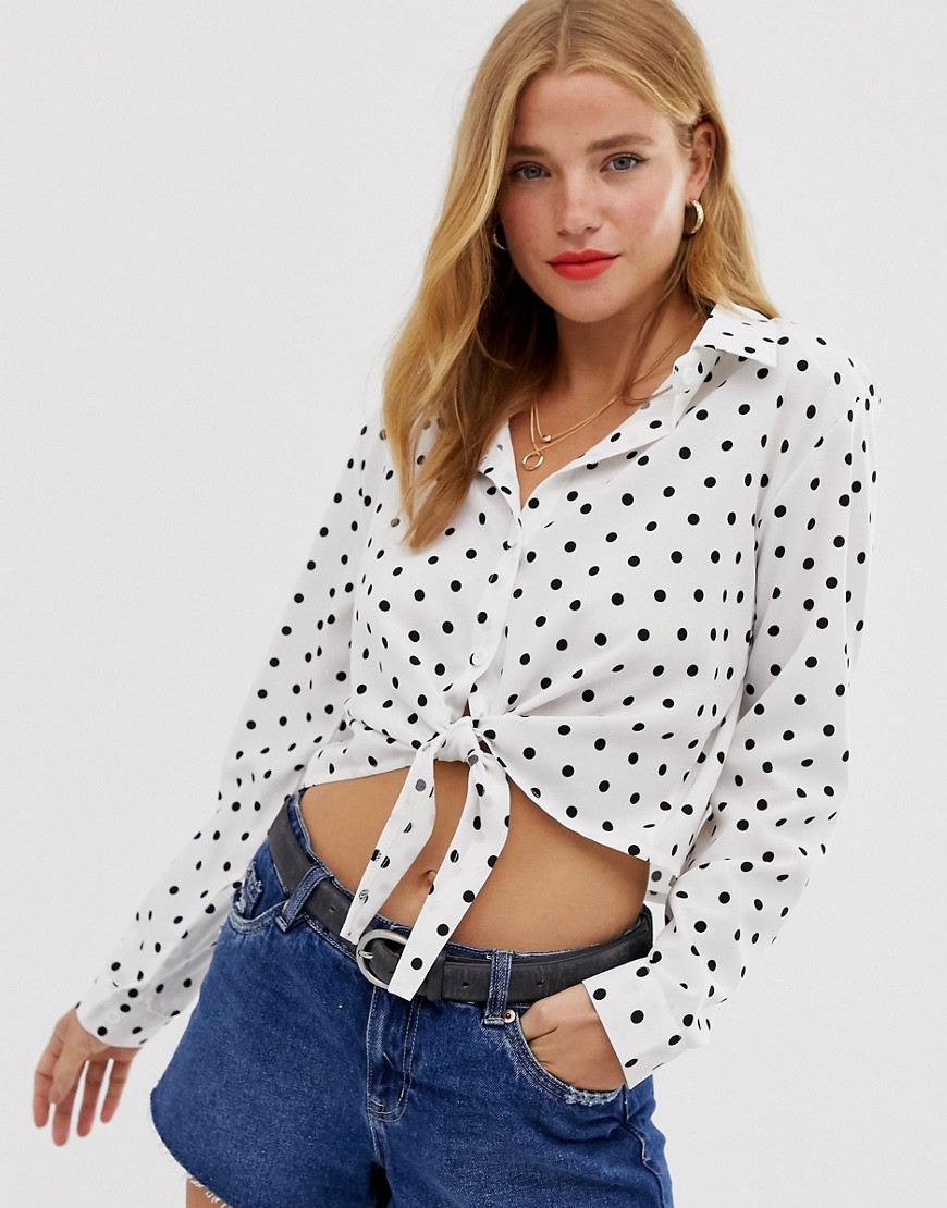 QED London tie front shirt in polka dot