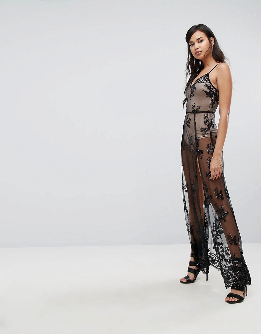 NAANAA SHEER SEQUIN LACE MAXI DRESS WITH BODYSUIT - BLACK,RD032