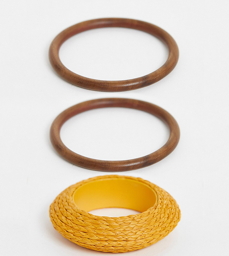 Glamorous Exclusive Straw Rattan And Wood Bangle Pack-beige
