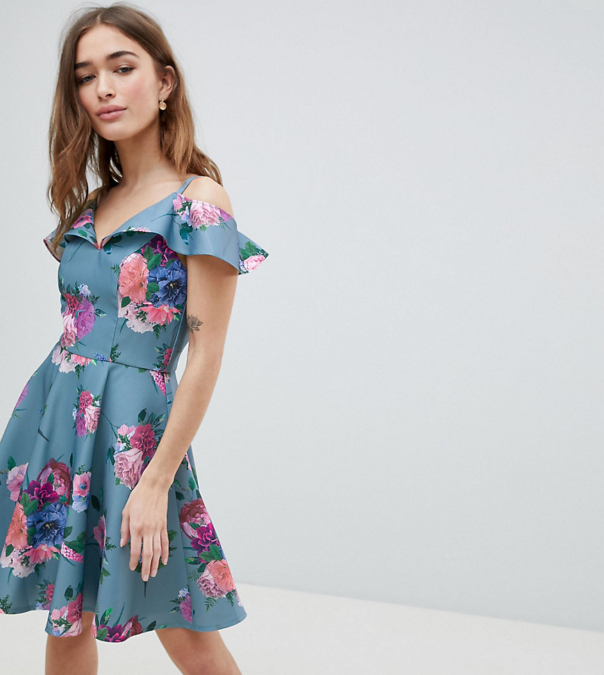 Chi Chi London Petite Printed Midi Dress with Cold Shoulder Detail