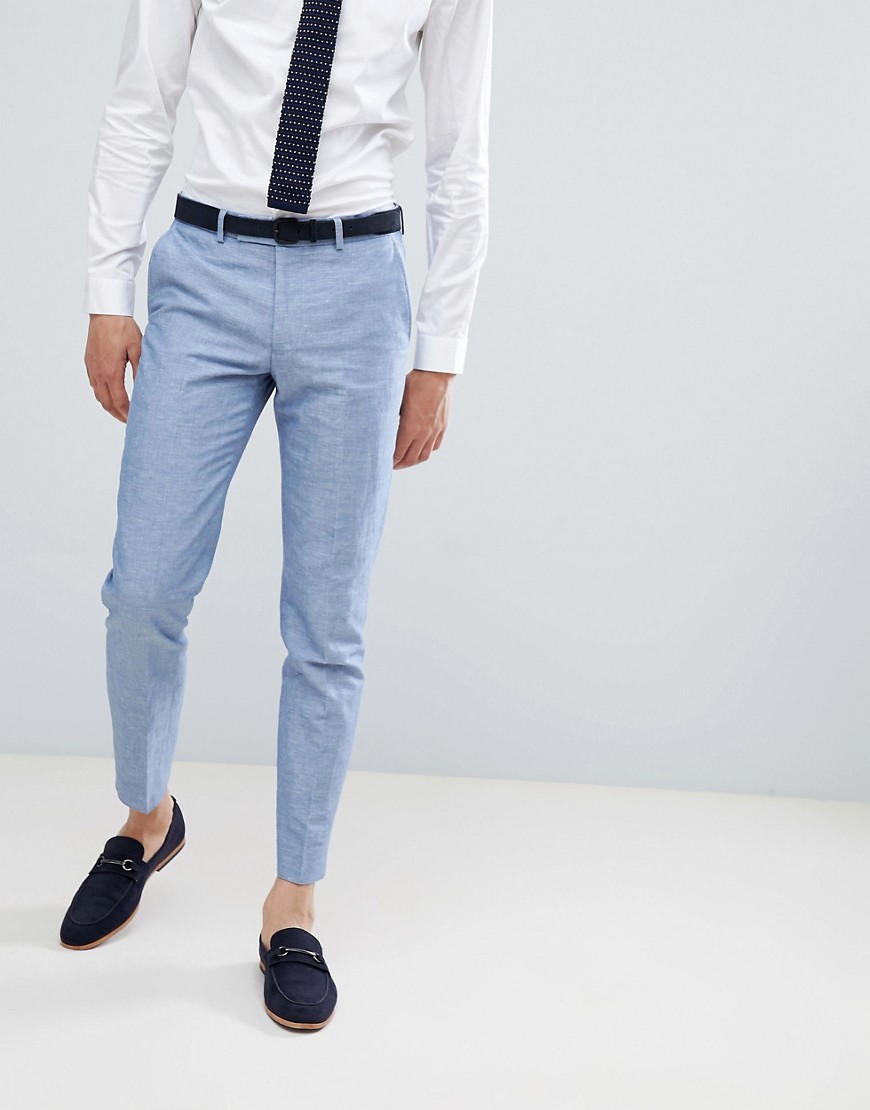 Moss London Skinny Linen Wedding Suit Trousers In Blue