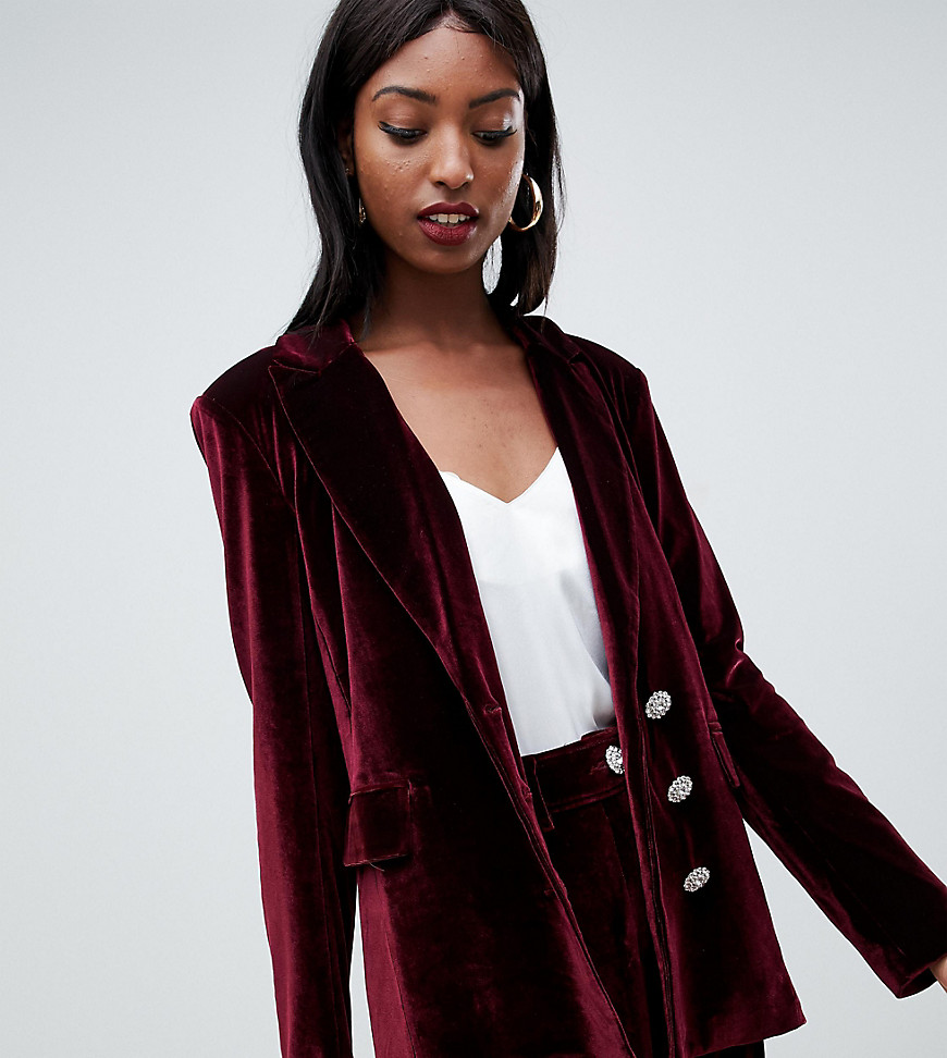 Fashion Union tall longline blazer in velvet with diamante buttons - Burgundy velvet